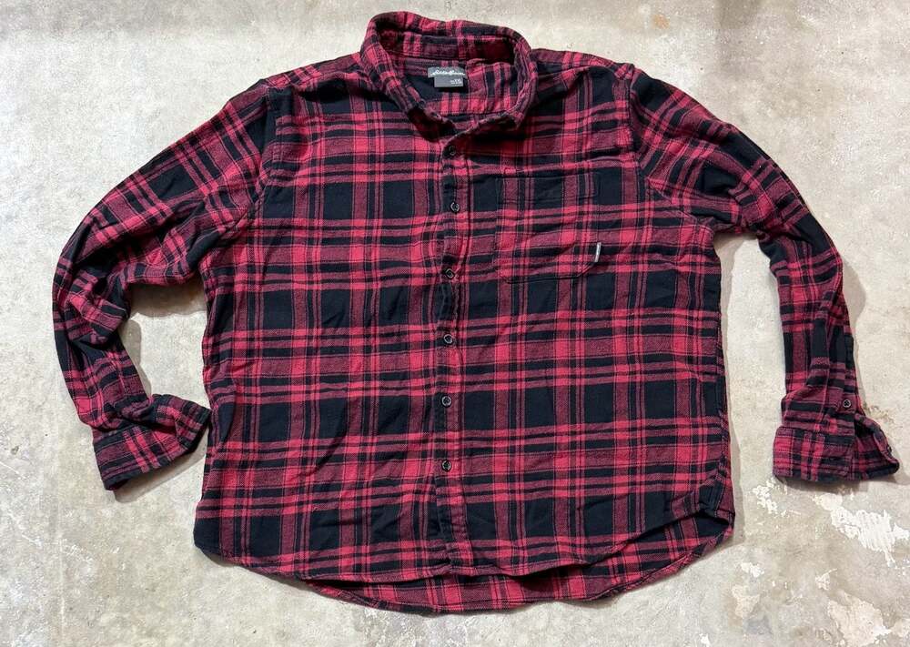 Eddie Bauer Men's Red Black Plaid Flannel Long Sleeve Button Down Shirt XXL
